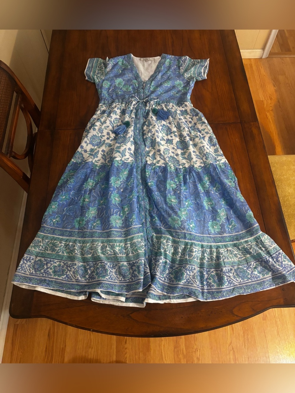 Bella Tu Large Dress Blue Maxi Floral Embroidered Boho Tiered Tassel Block Print